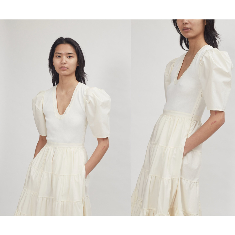 Ulla Johnson S Cotton Poplin Puff Sleeve Rory Dress Tiered Midi Ivory White $425 - Picture 3 of 11